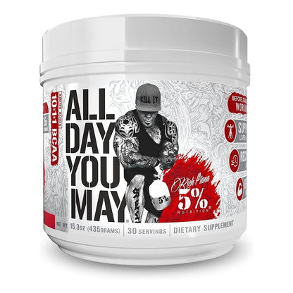 5% Nutrition Rich Piana AllDayYouMay BCAA Powder for Workout Recovery (15.3 oz, 30 Servings, Fruit Punch)