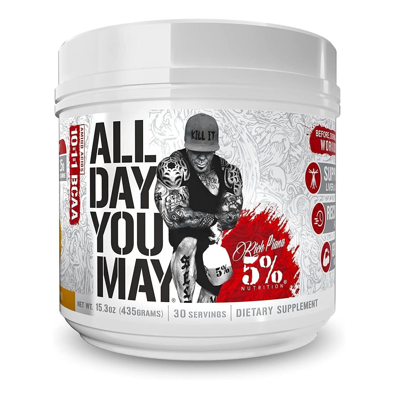 5% Nutrition Rich Piana AllDayYouMay BCAA Powder for Workout Recovery (Mango Pineapple, 15.3 oz, 30 Servings)