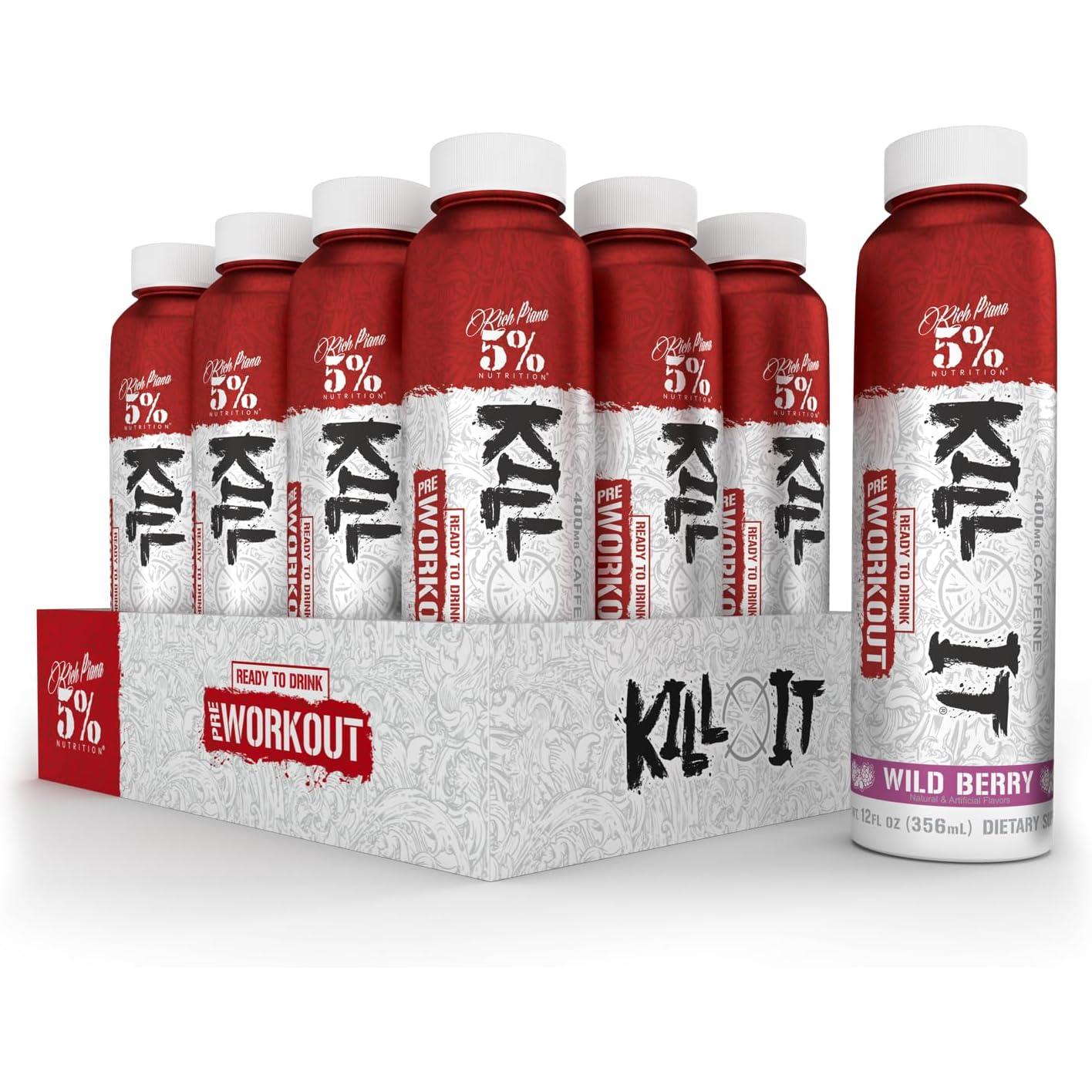 5% Nutrition Kill It Pre-Workout Energy Drink, Extreme Pump & Focus (Wild Berry, 12 Pack, 400mg Caffeine)