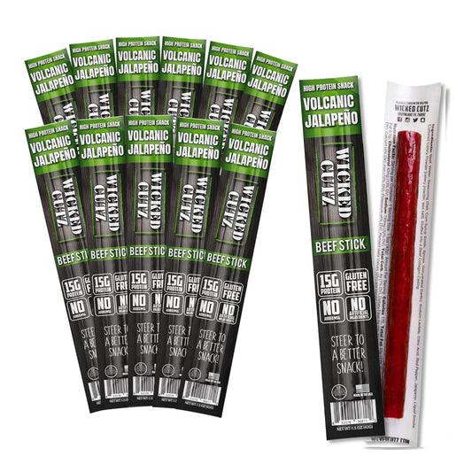 Spicy Volcanic Jalapeno Beef Sticks - High Protein, Gluten Free (12 Sticks)