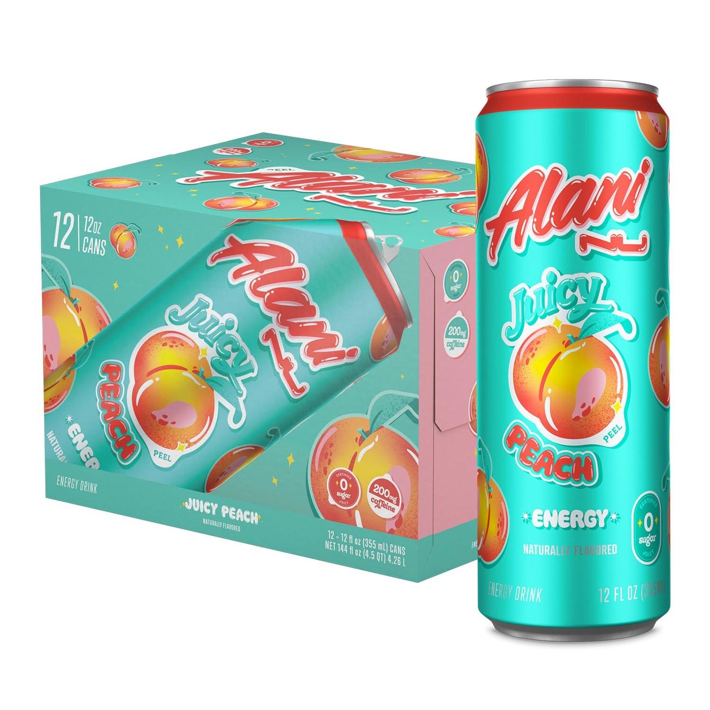 Alani Nu Juicy Peach Energy Drink, 200mg Caffeine, Zero Sugar (12 Pack)