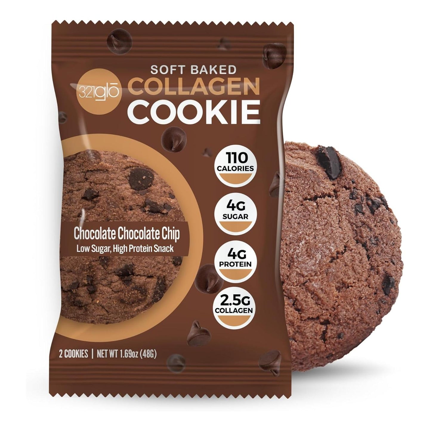 321glo Collagen Cookies: Soft Baked, High Protein, Low Carb, Keto Snack (12 Pack, Chocolate Chip, 321g)