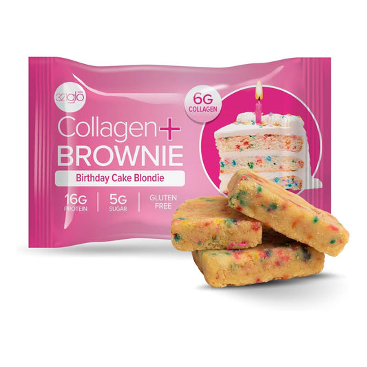 321glo Collagen Protein Brownie, Keto, Gluten-Free, Low Sugar (12 Pack, Birthday Cake Blondie)