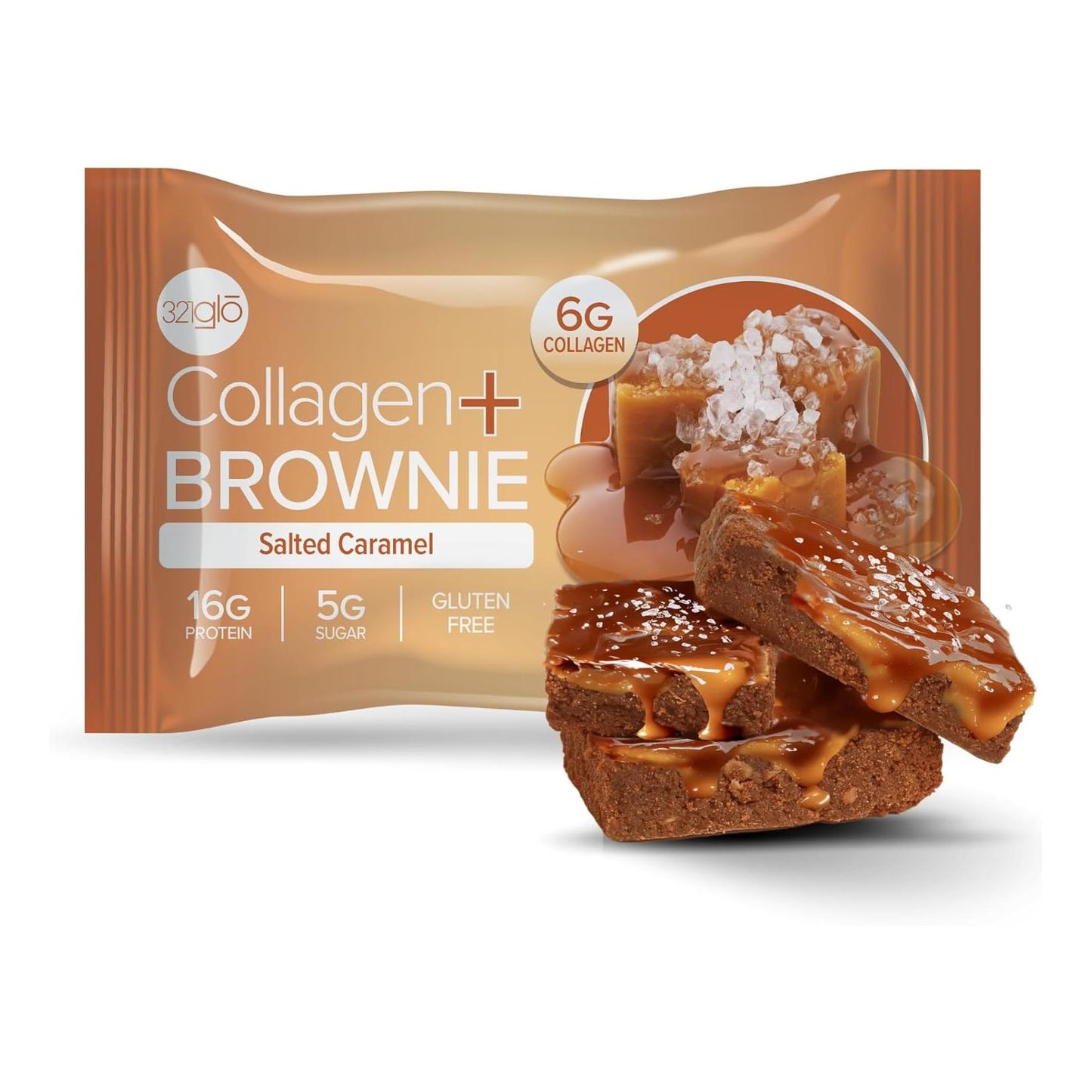 321glo Collagen Protein Brownie, Keto, Low Sugar, Gluten Free (12 Pack, Salted Caramel)