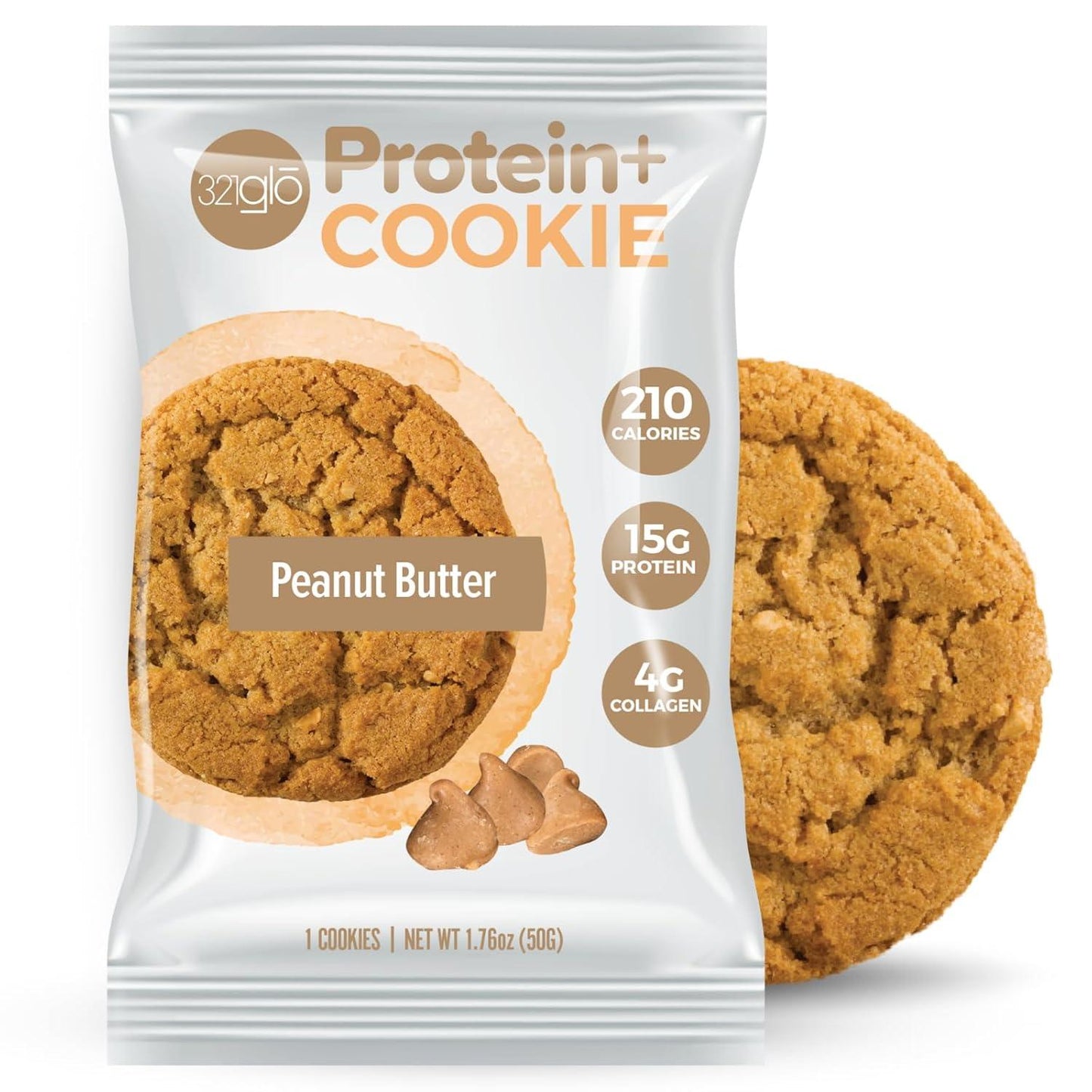 321glo Protein+ Collagen-Infused Cookies, 15g Protein - Peanut Butter (12 Pack)