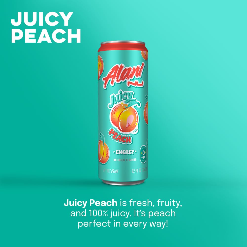 Alani Nu Juicy Peach Energy Drink, 200mg Caffeine, Zero Sugar (12 Pack)