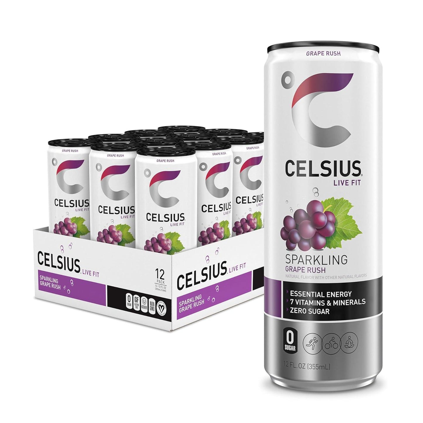 CELSIUS Grape Rush Sparkling Energy Drink (12 Fl Oz, Pack of 12)