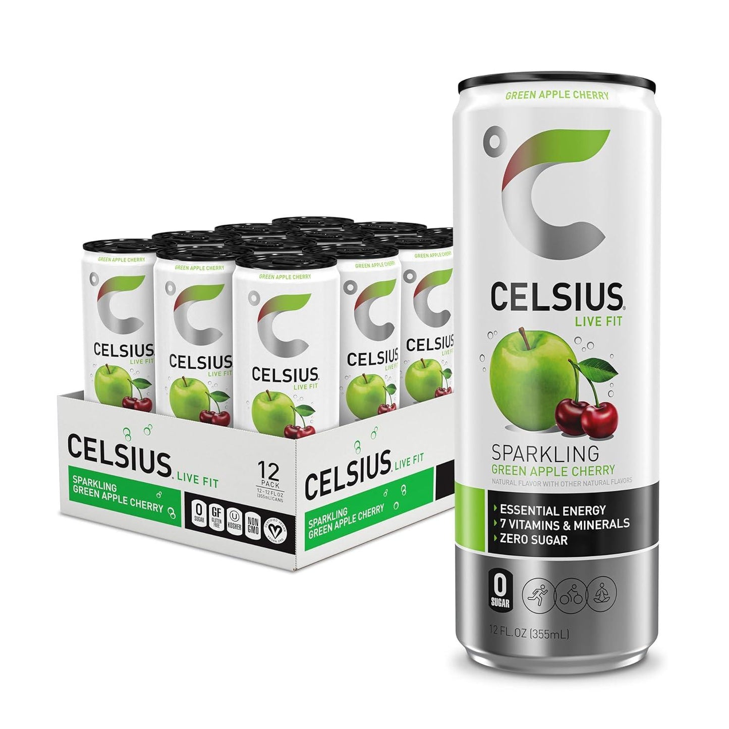 CELSIUS Sparkling Green Apple Cherry Energy Drink (12 Fl Oz, Pack of 12)