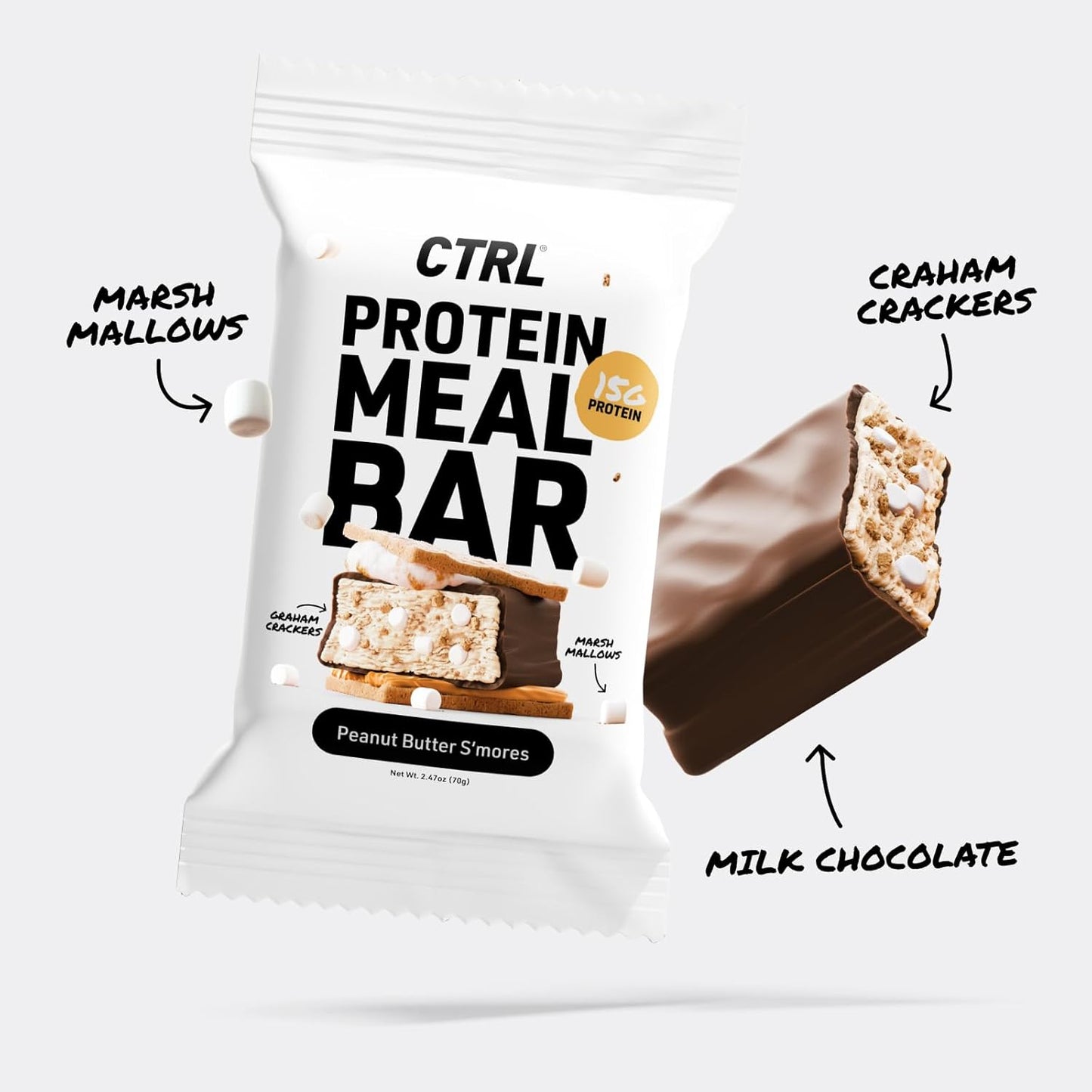 CTRL Protein Meal Bars, Peanut Butter S'mores, 15g Protein, 280 Cal (12 Bars)