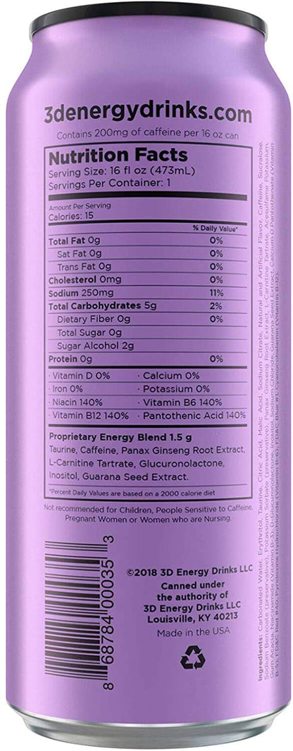 3D Energy Drink, Grape, Sugar Free, 200mg Caffeine, Pre-Workout (12 Pack)