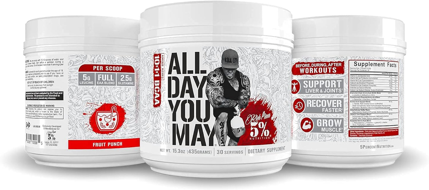 5% Nutrition Rich Piana AllDayYouMay BCAA Powder for Workout Recovery (15.3 oz, 30 Servings, Fruit Punch)