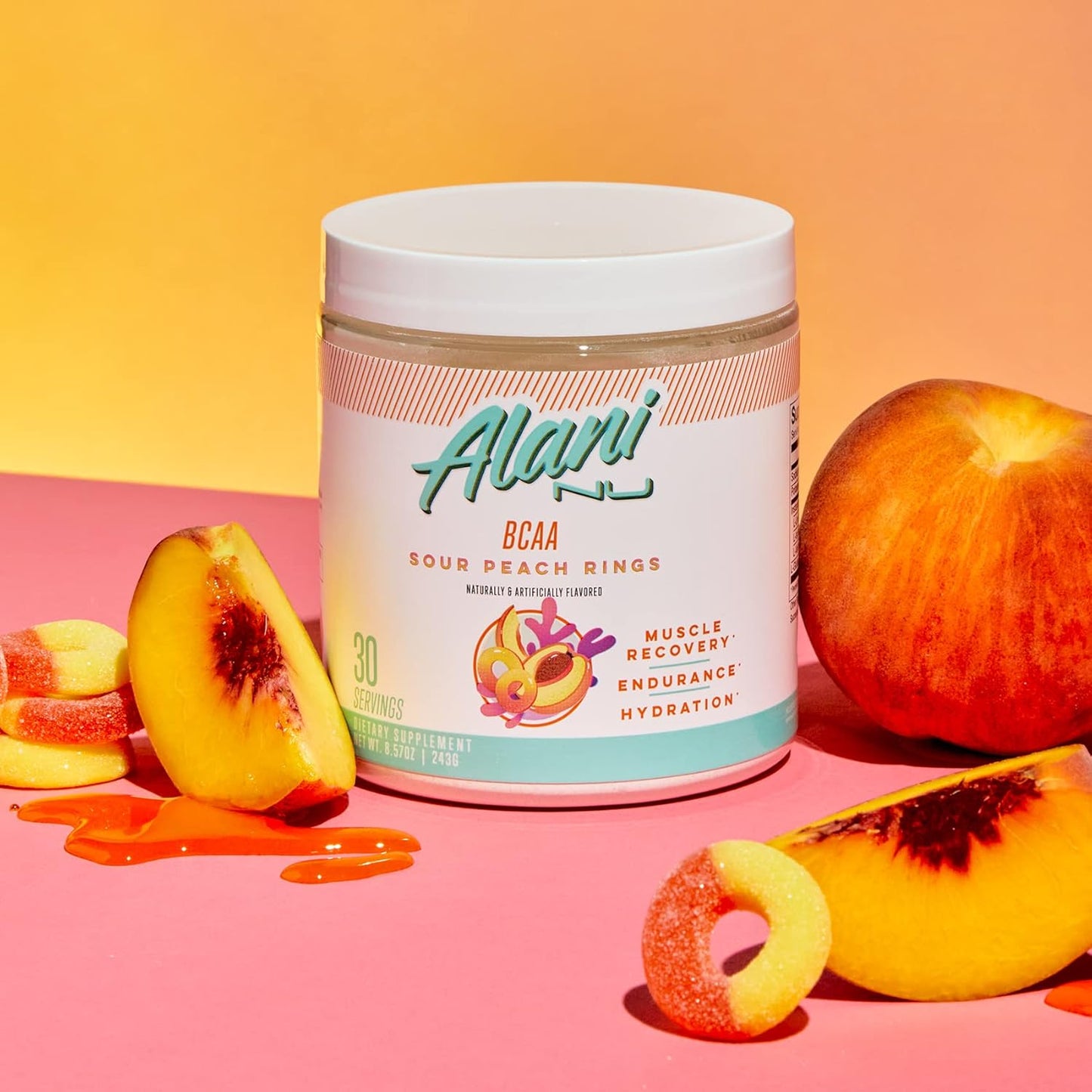 Alani Nu BCAA Sour Peach Ring, 2:1:1 Amino Acids for Muscle Recovery (30 Servings)