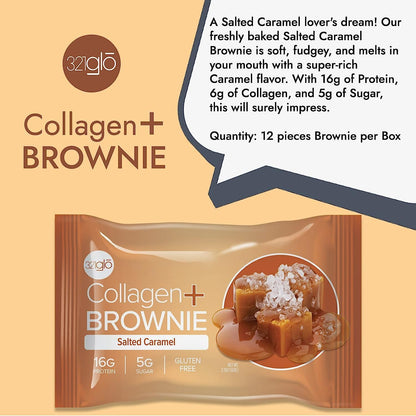 321glo Collagen Protein Brownie, Keto, Low Sugar, Gluten Free (12 Pack, Salted Caramel)