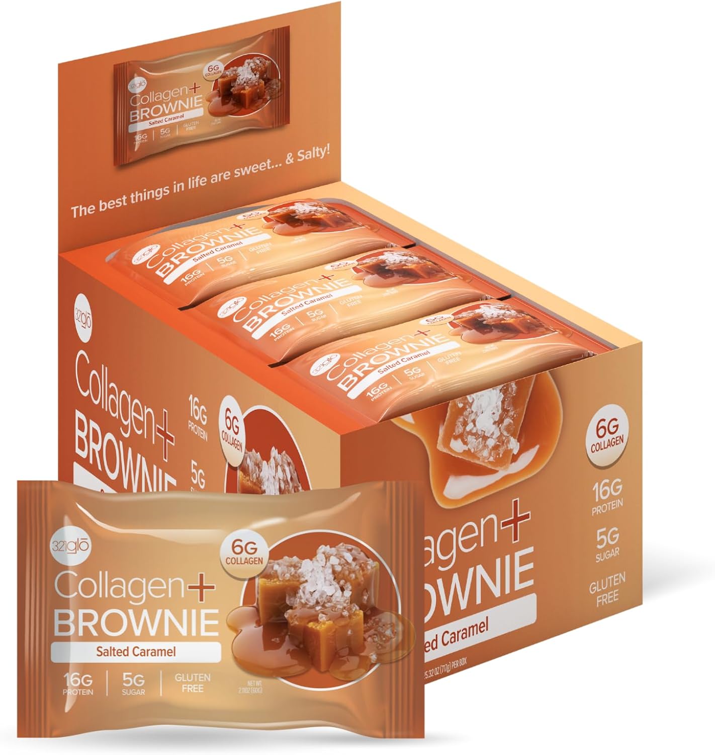 321glo Collagen Protein Brownie, Keto, Low Sugar, Gluten Free (12 Pack, Salted Caramel)