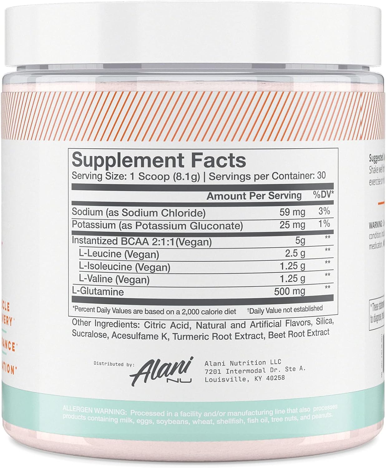 Alani Nu BCAA Sour Peach Ring, 2:1:1 Amino Acids for Muscle Recovery (30 Servings)