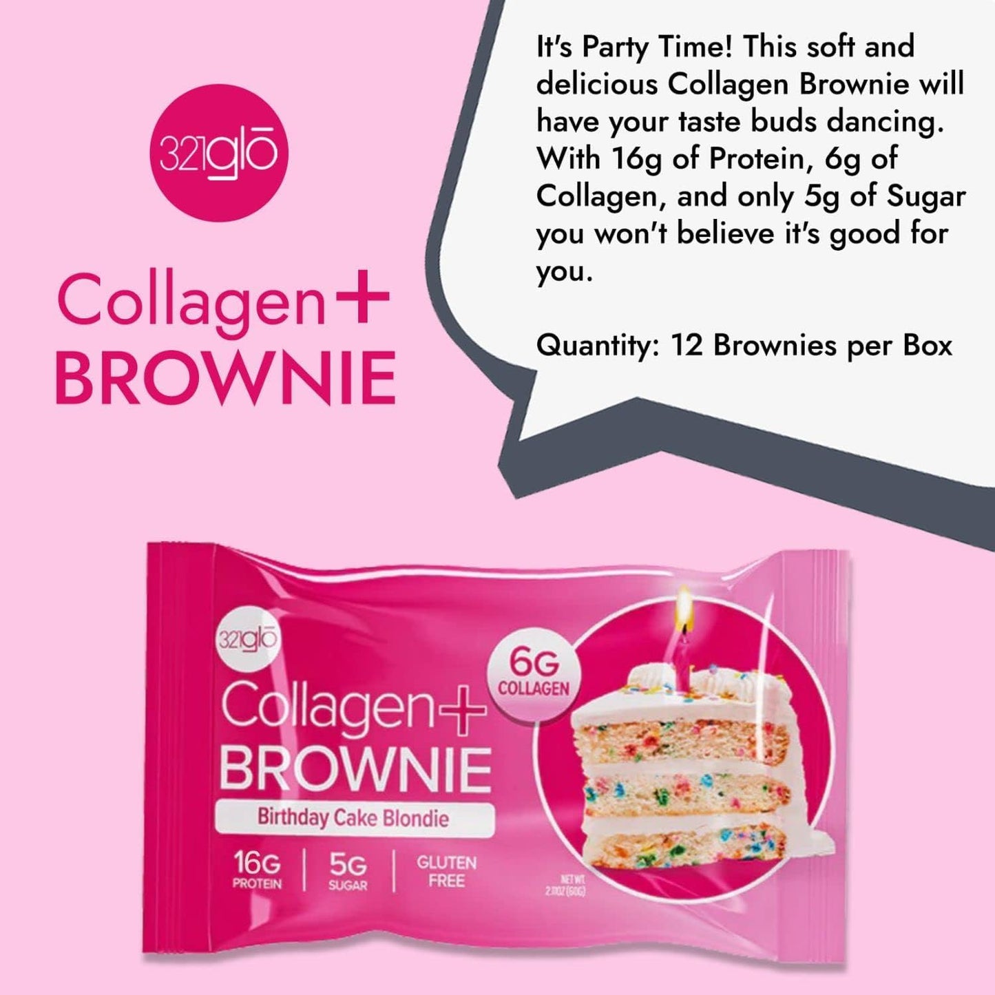 321glo Collagen Protein Brownie, Keto, Gluten-Free, Low Sugar (12 Pack, Birthday Cake Blondie)