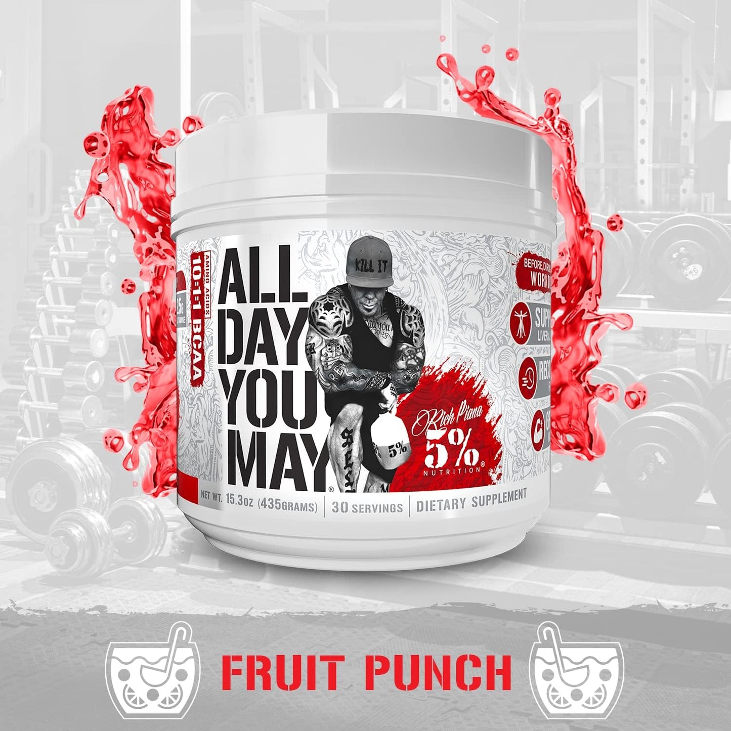 5% Nutrition Rich Piana AllDayYouMay BCAA Powder for Workout Recovery (15.3 oz, 30 Servings, Fruit Punch)