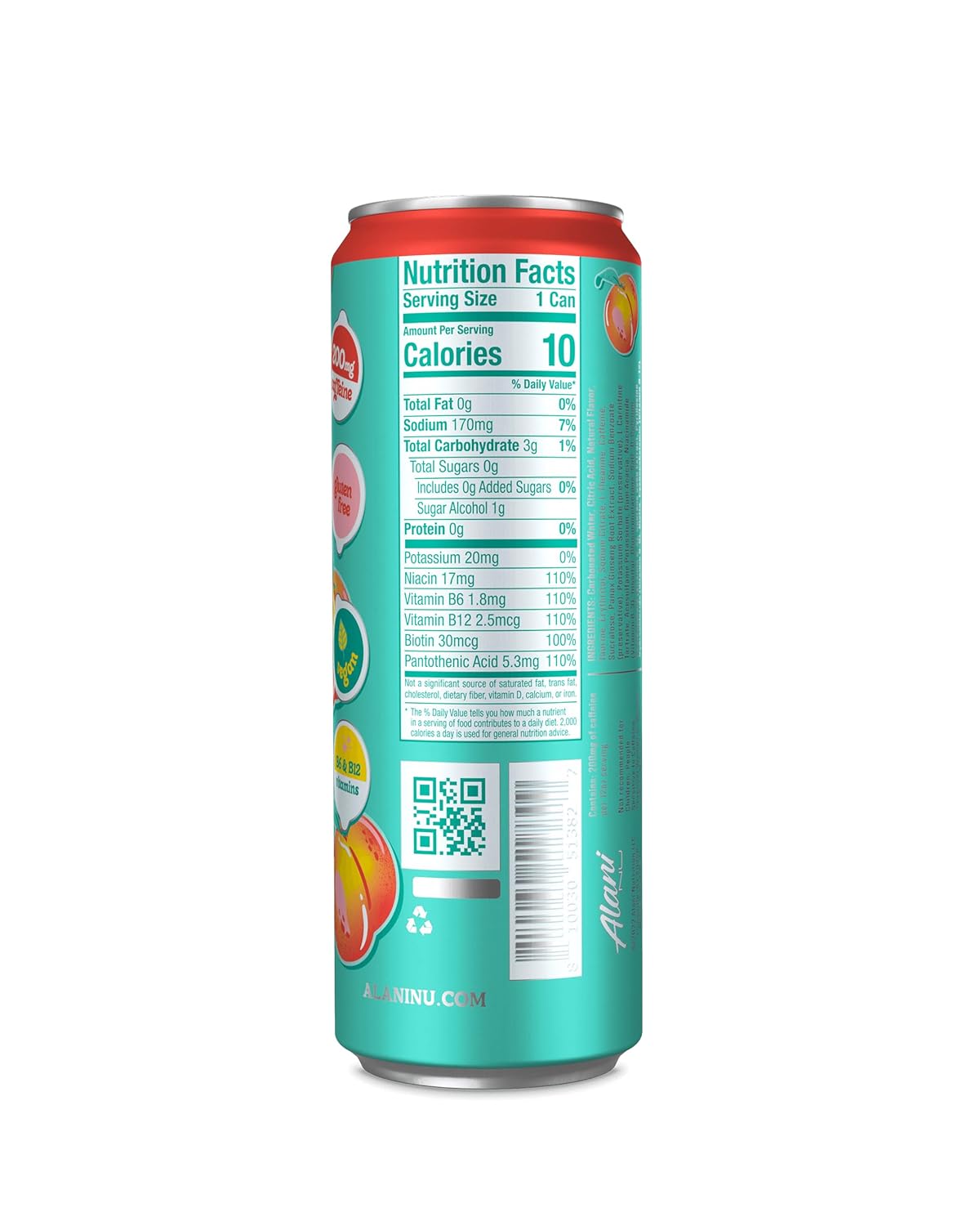 Alani Nu Juicy Peach Energy Drink, 200mg Caffeine, Zero Sugar (12 Pack)