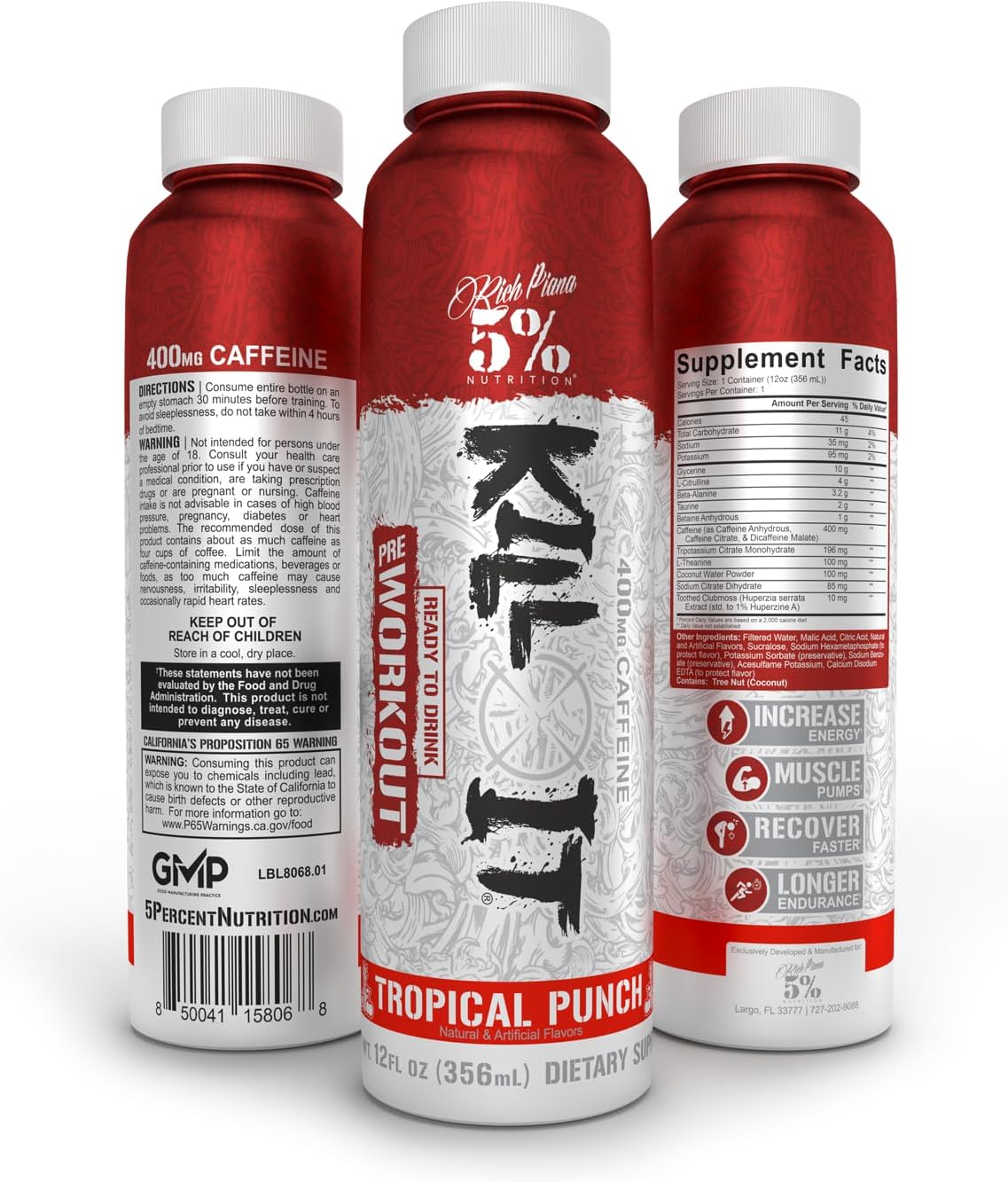 5% Nutrition Kill It Pre-Workout Energy Drink (12 Pack, Tropical Punch, 400mg Caffeine)