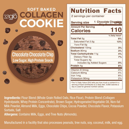 321glo Collagen Cookies: Soft Baked, High Protein, Low Carb, Keto Snack (12 Pack, Chocolate Chip, 321g)