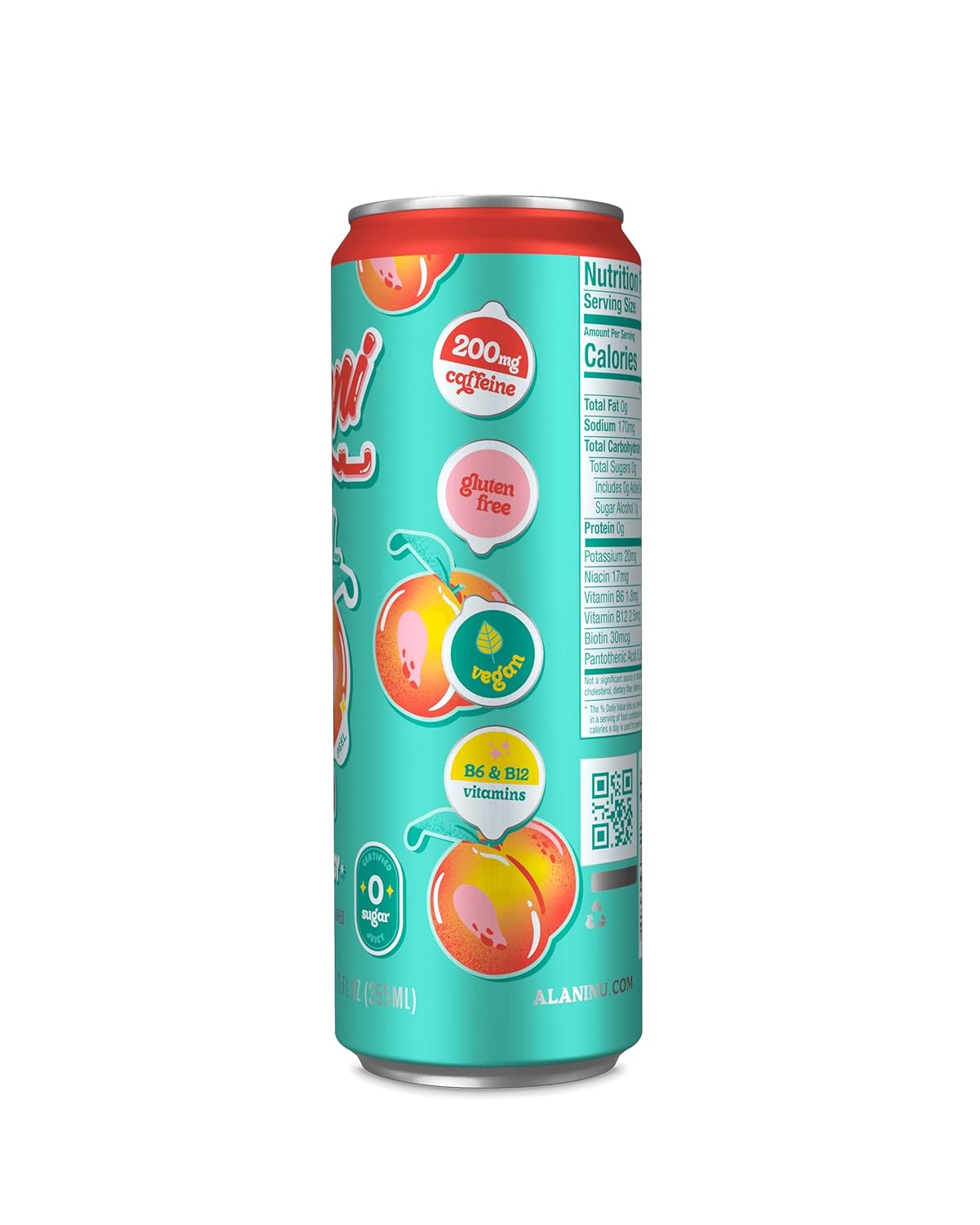 Alani Nu Juicy Peach Energy Drink, 200mg Caffeine, Zero Sugar (12 Pack)