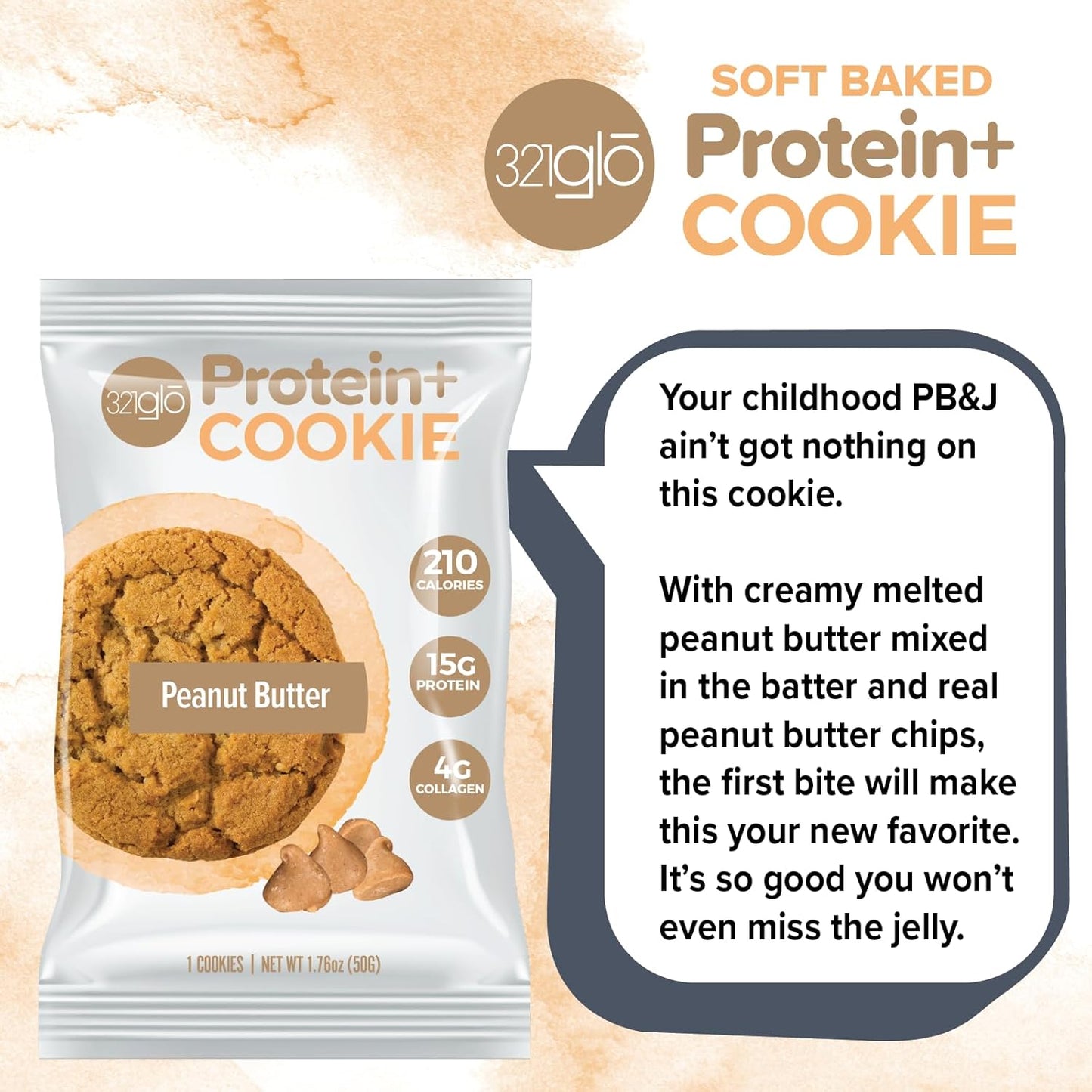 321glo Protein+ Collagen-Infused Cookies, 15g Protein - Peanut Butter (12 Pack)