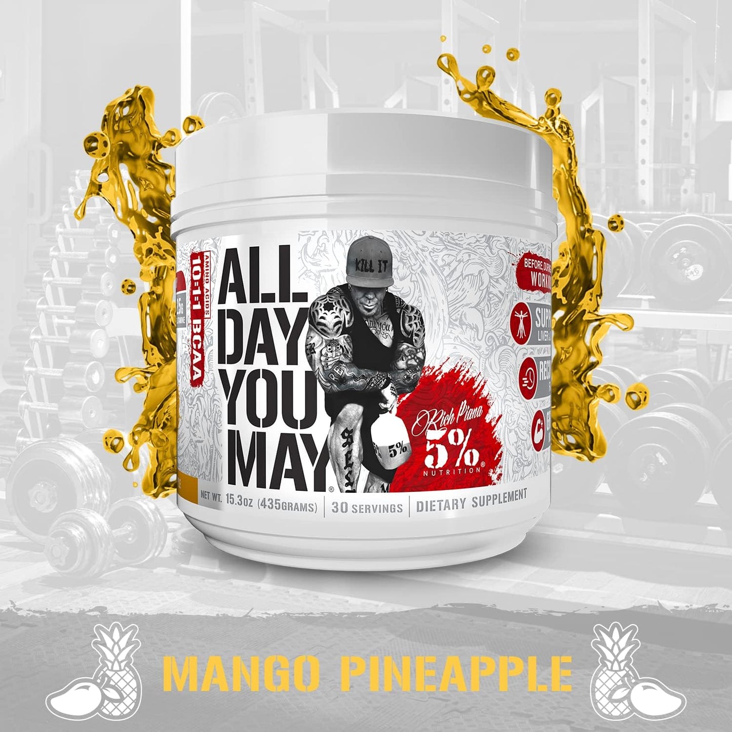 5% Nutrition Rich Piana AllDayYouMay BCAA Powder for Workout Recovery (Mango Pineapple, 15.3 oz, 30 Servings)