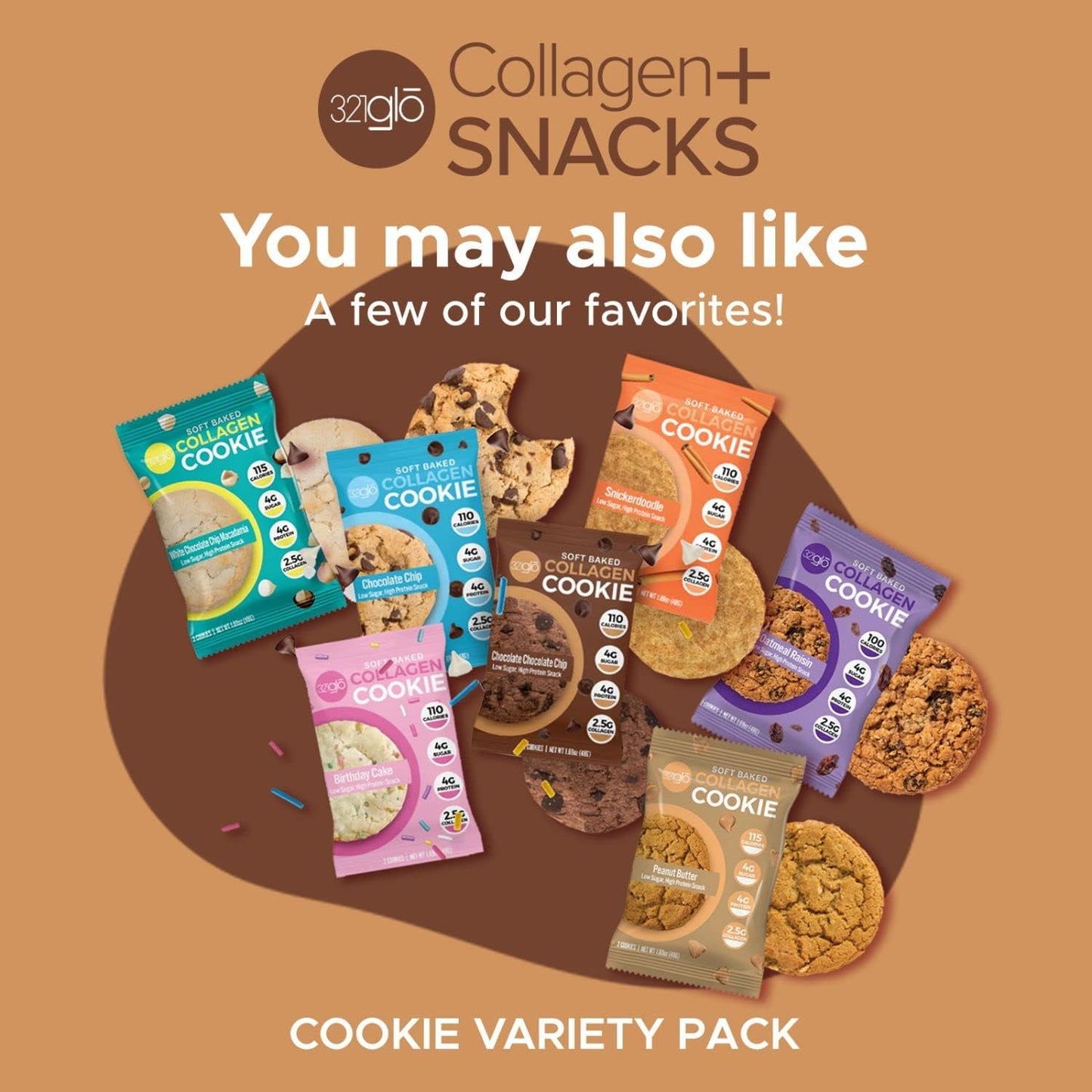 321glo Collagen Cookies: Soft Baked, High Protein, Low Carb, Keto Snack (12 Pack, Chocolate Chip, 321g)