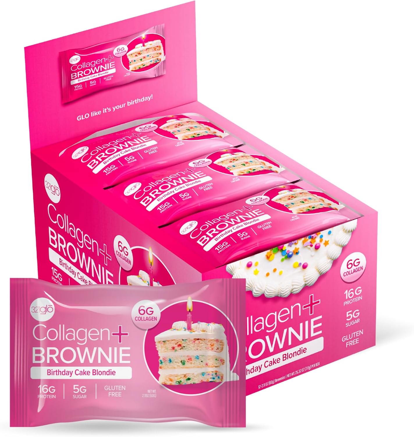 321glo Collagen Protein Brownie, Keto, Gluten-Free, Low Sugar (12 Pack, Birthday Cake Blondie)