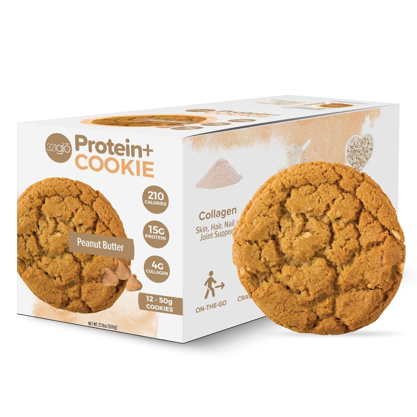 321glo Protein+ Collagen-Infused Cookies, 15g Protein - Peanut Butter (12 Pack)