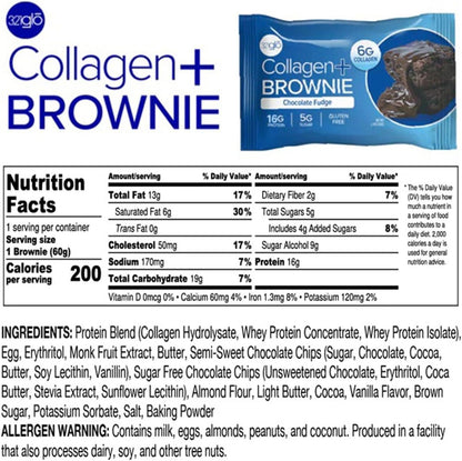 321glo Collagen Protein Brownie, Keto, Gluten-Free, Low Sugar (12 Pack, Chocolate Fudge)