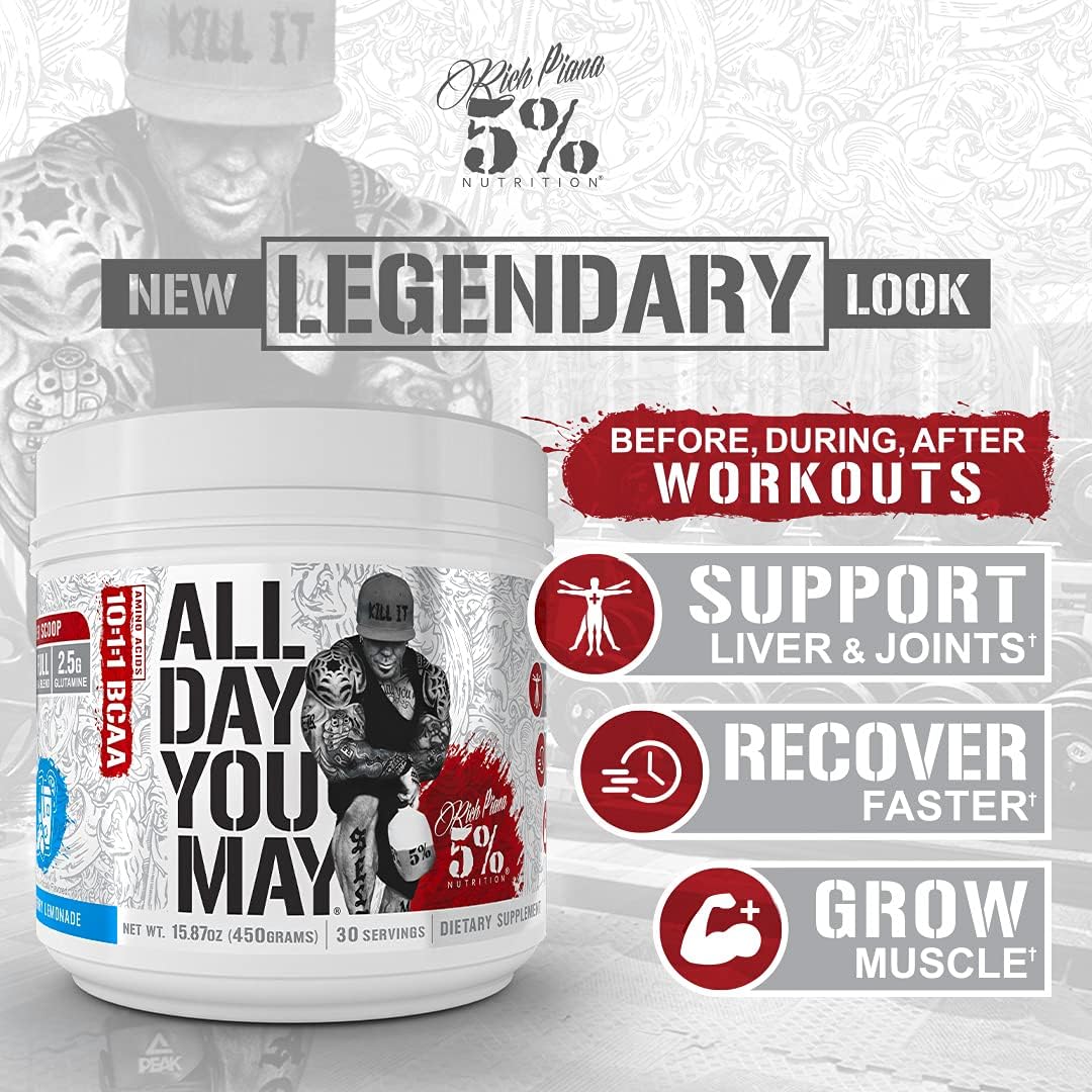 5% Nutrition Rich Piana AllDayYouMay BCAA Powder for Workout Recovery (15.3 oz, 30 Servings, Fruit Punch)