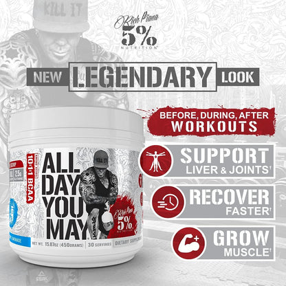 5% Nutrition Rich Piana AllDayYouMay BCAA Powder for Workout Recovery (15.3 oz, 30 Servings, Fruit Punch)