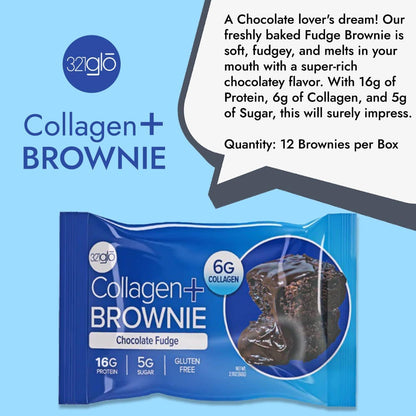 321glo Collagen Protein Brownie, Keto, Gluten-Free, Low Sugar (12 Pack, Chocolate Fudge)