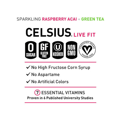 Celsius Raspberry Acai Green Tea Energy Drink (12 Fl Oz, Pack of 4)