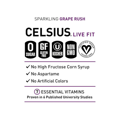 CELSIUS Sparkling Grape Rush, Functional Essential Energy Drink 12 Fl Oz (Pack of 12)