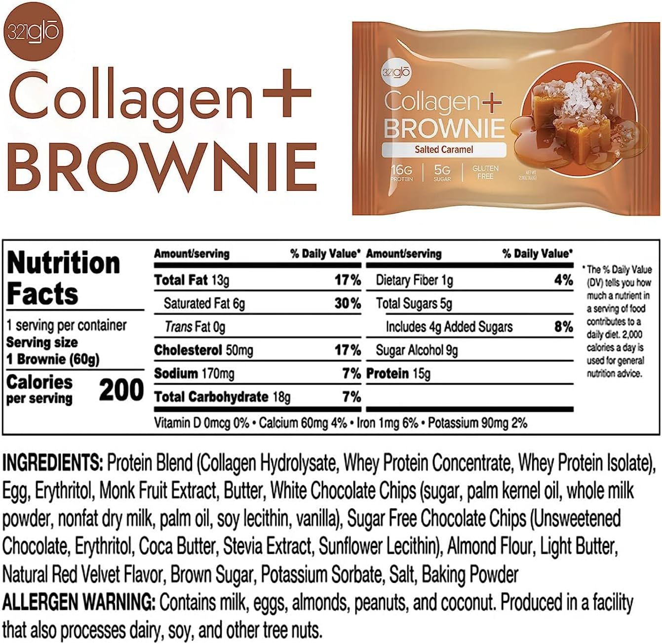 321glo Collagen Protein Brownie, Keto, Low Sugar, Gluten Free (12 Pack, Salted Caramel)