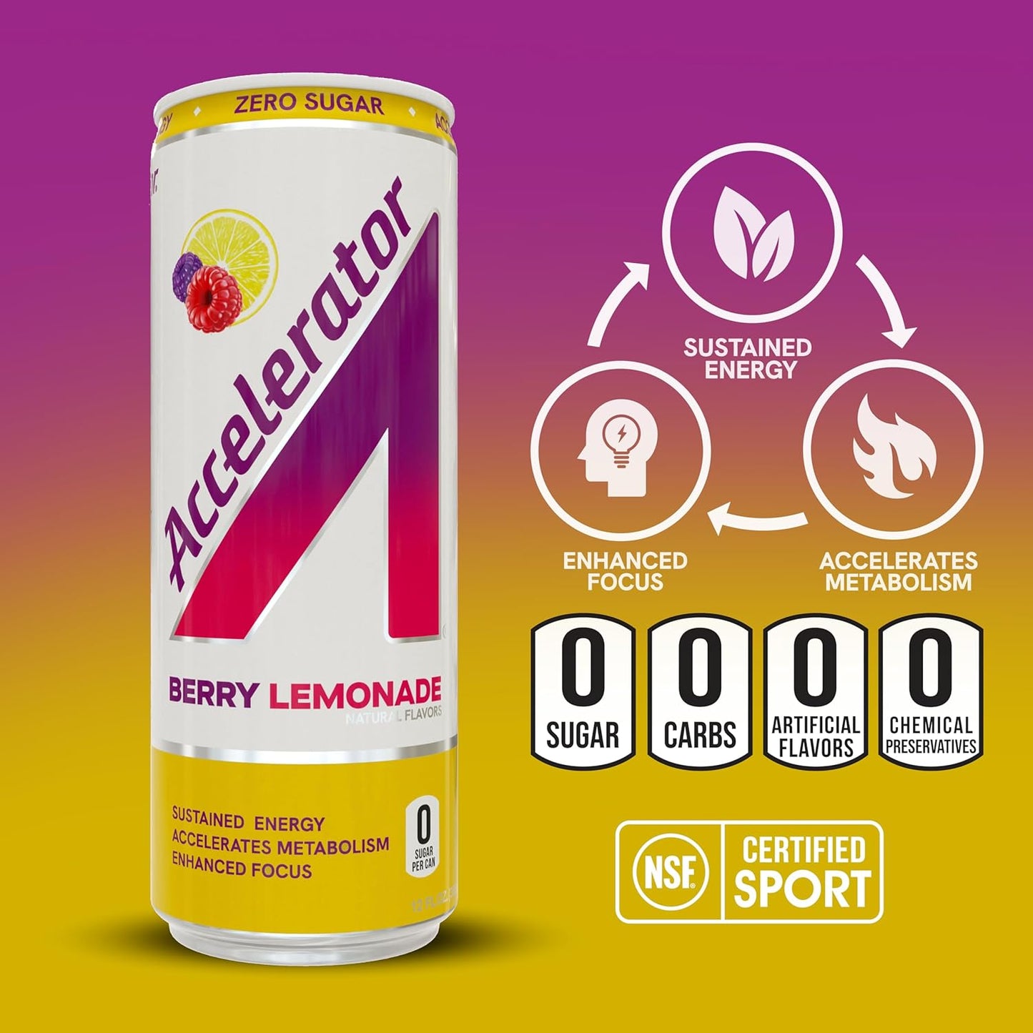 Accelerator Berry Lemonade Energy Drink, Sugar Free, NSF Certified (12 Pack)