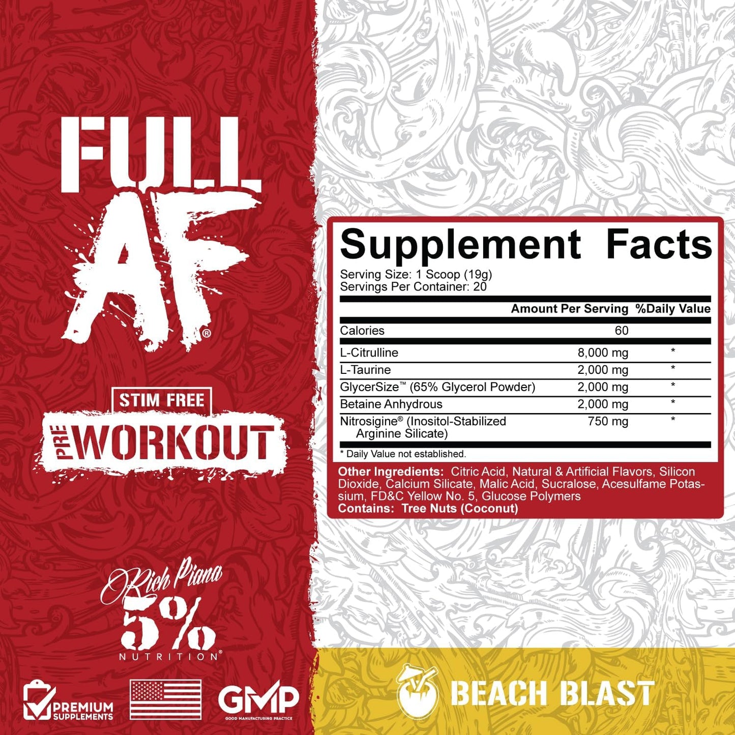 5% Nutrition Full AF Pre-Workout, Stim-Free, Massive Pumps (13.4oz, Beach Blast)