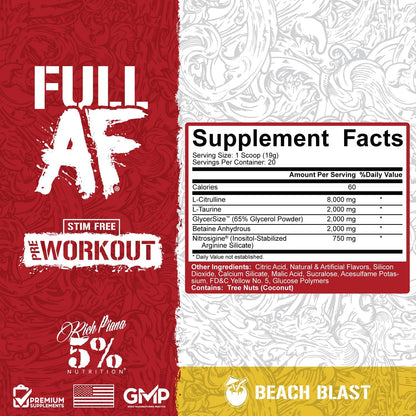 5% Nutrition Full AF Pre-Workout, Stim-Free, Massive Pumps (13.4oz, Beach Blast)