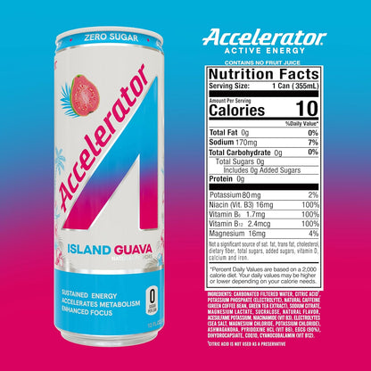 Accelerator Island Guava Energy Drink, Sugar Free, NSF Certified (12 Pack)