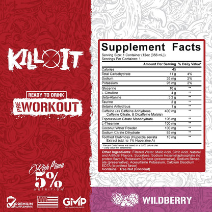 5% Nutrition Kill It Pre-Workout Energy Drink, Extreme Pump & Focus (Wild Berry, 12 Pack, 400mg Caffeine)