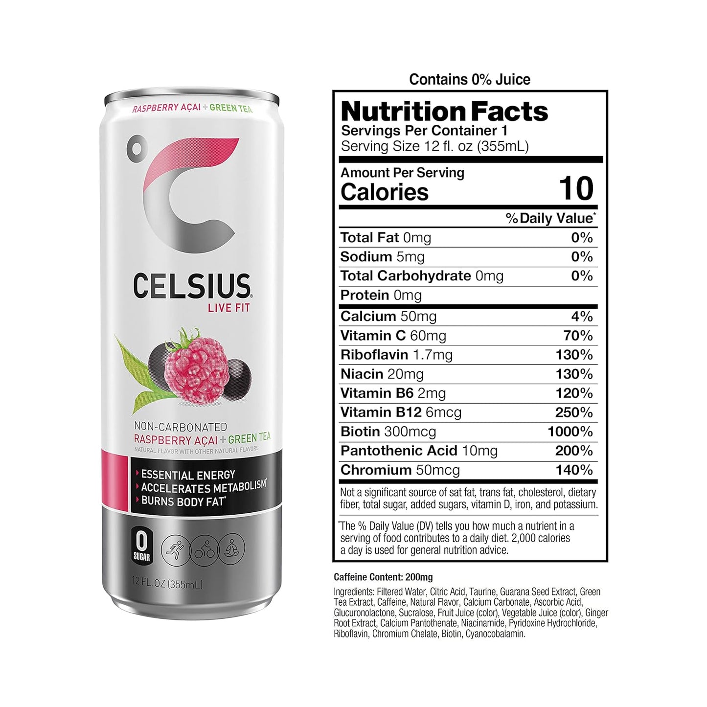 Celsius Raspberry Acai Green Tea Energy Drink (12 Fl Oz, Pack of 4)