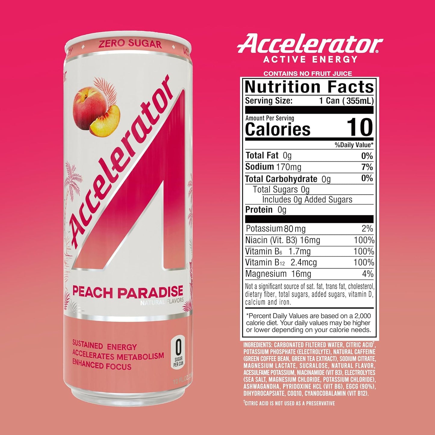 Accelerator Peach Paradise Energy Drink, Sugar Free, NSF Certified (12 Pack)