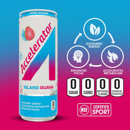 Accelerator Island Guava Energy Drink, Sugar Free, NSF Certified (12 Pack)