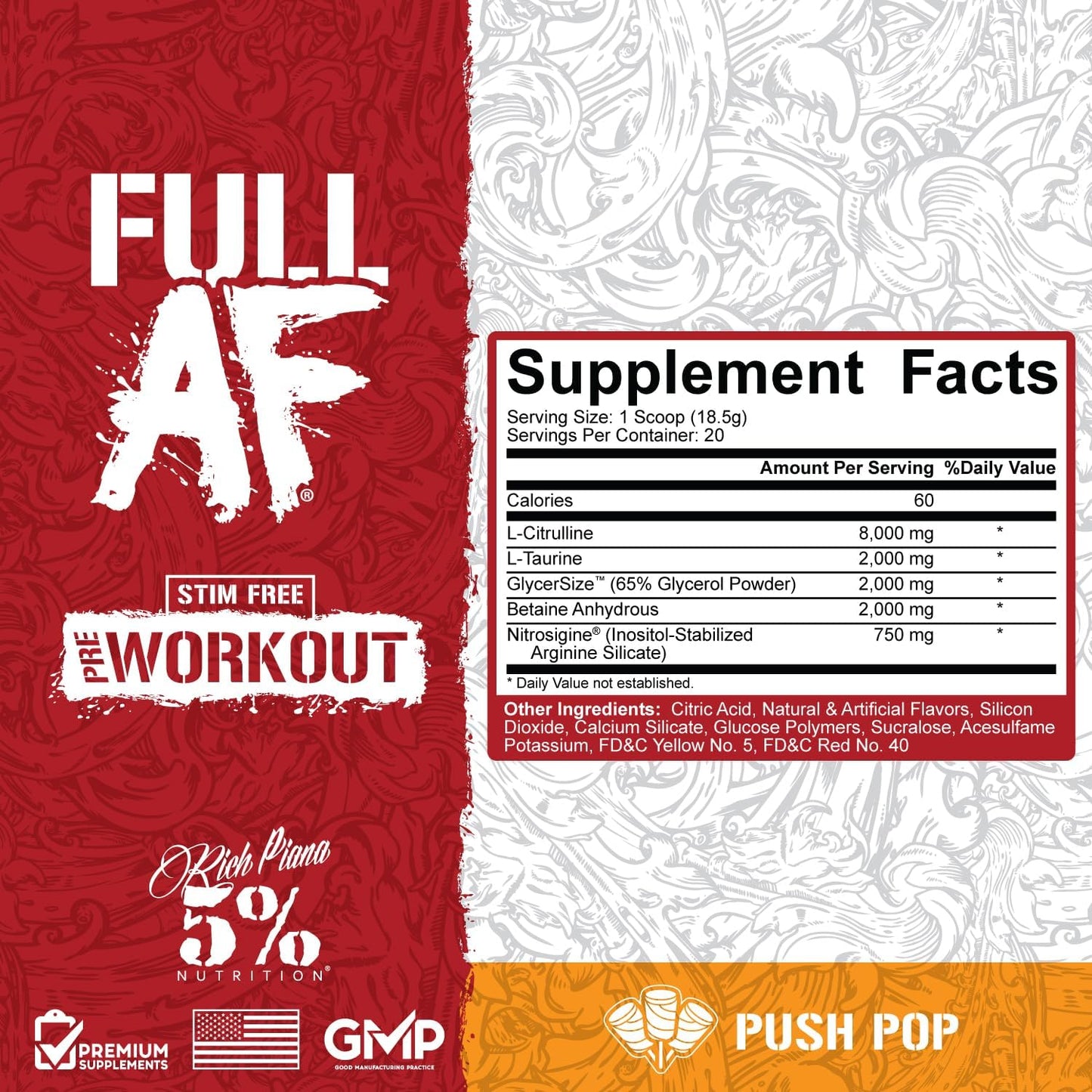 5% Nutrition Full AF Pre-Workout, Stim-Free, Massive Pumps (13.05 oz, Push Pop)