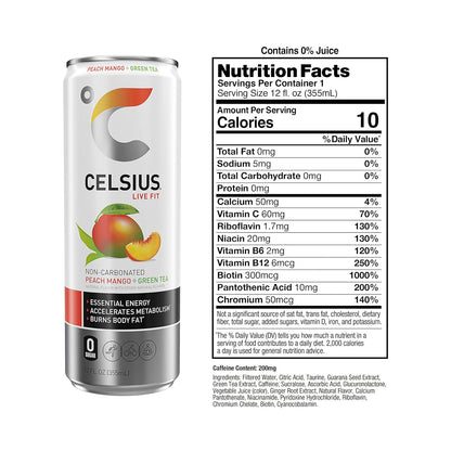 Celsius Peach Mango Green Tea Energy Drink (12 Fl Oz, Pack of 4)