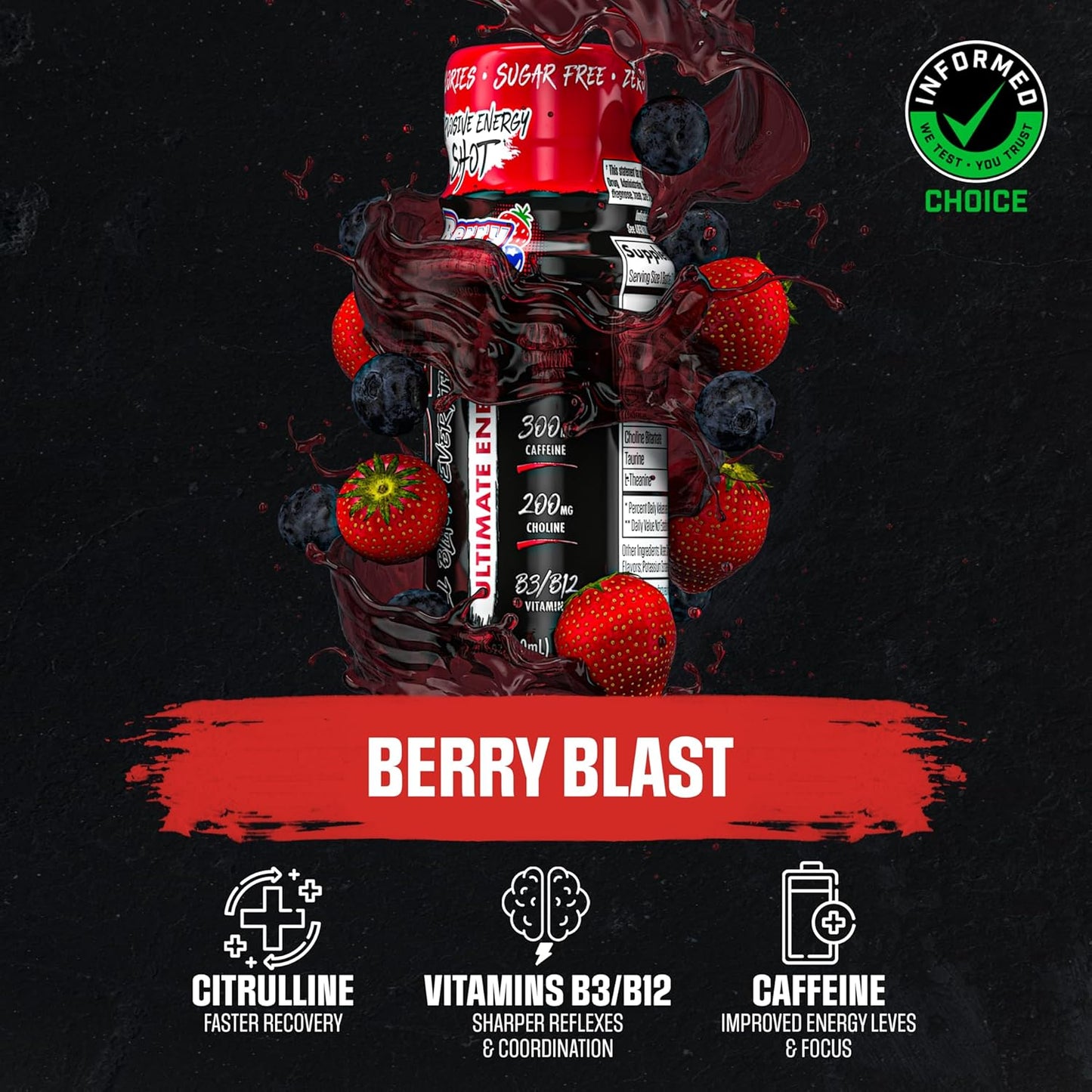 All Black Everything Energy Shots - Berry Blast, 300mg Caffeine, Zero Sugar (12 Pack)