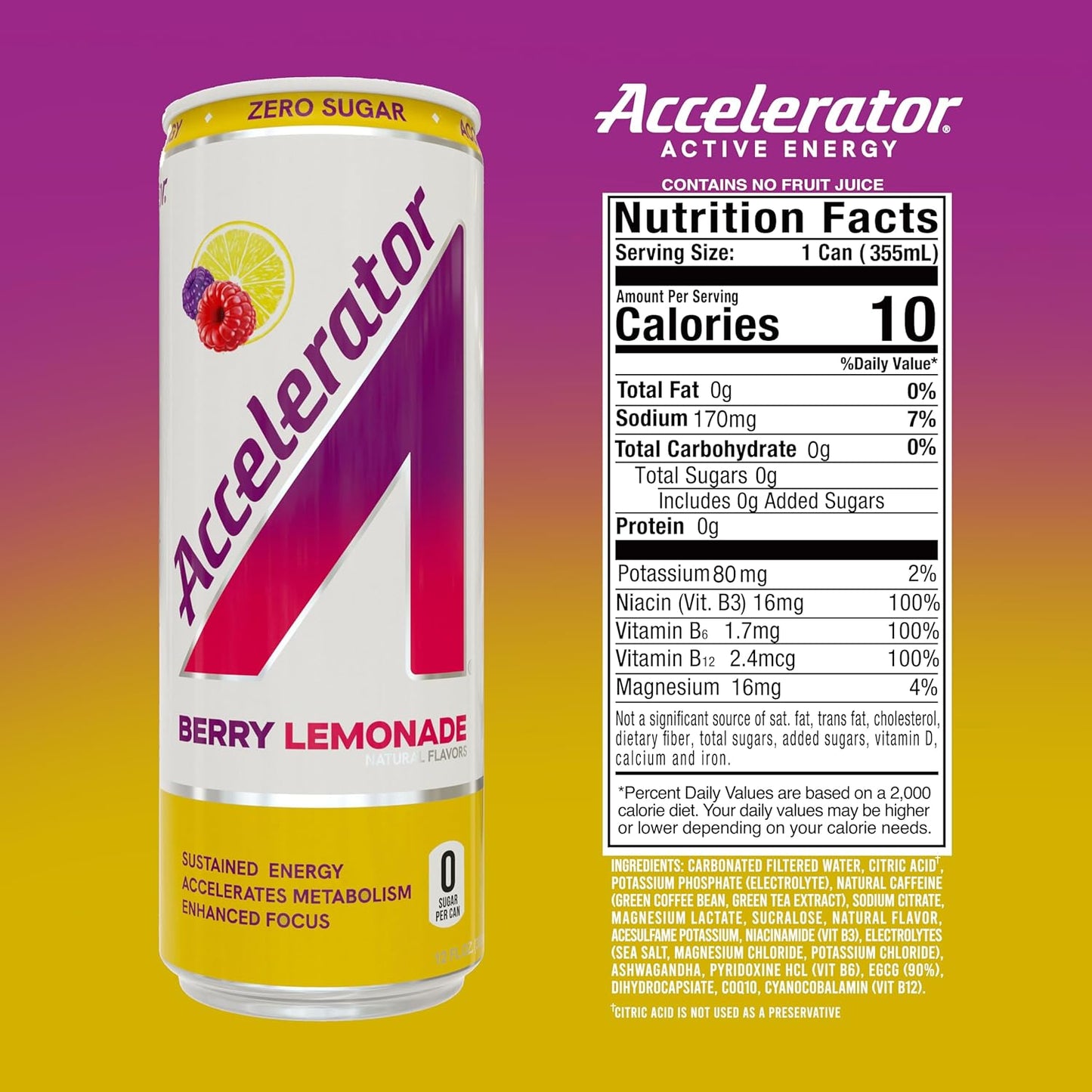 Accelerator Berry Lemonade Energy Drink, Sugar Free, NSF Certified (12 Pack)