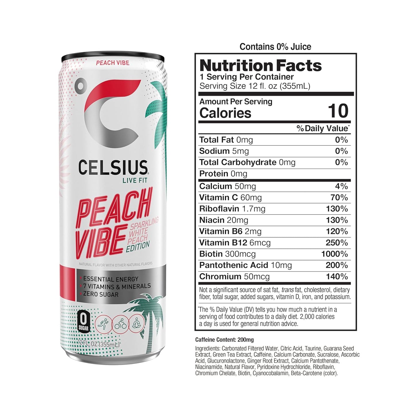 CELSIUS Peach Vibe Energy Drink (12 Fl Oz, Pack of 12)